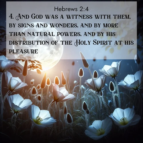BasicEnglish Hebrews  ; image nature: image with the bible verse :And God was a witness with them, by signs and wonders, and by more than natural powers, and by his distribution of the Holy Spirit at his pleasure. ; Browse Bible images illustrated by desert landscapes, with endless skies, golden dunes, and isolated palm trees. These images evoke the calm and grandeur of God&#039;s creation. Download inspiring verses like KJV Hebrews 2:4. Current verse is overlayed with the thematic nature scene : Moonflowers open to the rising full moon. Night insects hum in harmony. ; 2:4