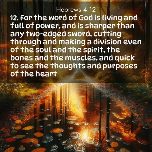 BasicEnglish Hebrews  ; image nature: image with the bible verse :For the word of God is living and full of power, and is sharper than any two-edged sword, cutting through and making a division even of the soul and the spirit, the bones and the muscles, and quick to see the thoughts and purposes of the heart. ; Discover Bible verses beautifully integrated with natural scenes of varied seasons, featuring summer skies, winter snow, autumn leaves, and spring blooms. Each image captures the splendor and peace of God&#039;s creation. Share verses like KJV Hebrews 4:12. Current verse is overlayed with the thematic nature scene : Autumn colors reflect in rain puddles on a forest path. ; 4:12