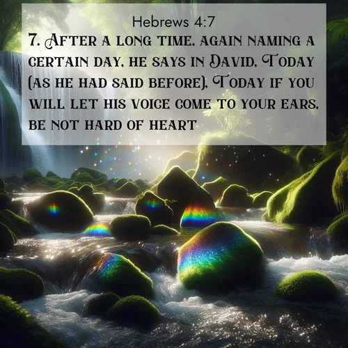 BasicEnglish Hebrews  ; image nature: image with the bible verse :After a long time, again naming a certain day, he says in David, Today (as he had said before), Today if you will let his voice come to your ears, be not hard of heart, ; Admire our gallery of Bible verse images showcasing divine beauty in nature—whether snowy peaks or serene oceans. Each image is freely downloadable and perfect for personal or spiritual use. Share verses like KJV Hebrews 4:7. Current verse is overlayed with the thematic nature scene : Rainbow prisms dance in a waterfall&#039;s spray. Moss glows emerald in filtered light. ; 4:7