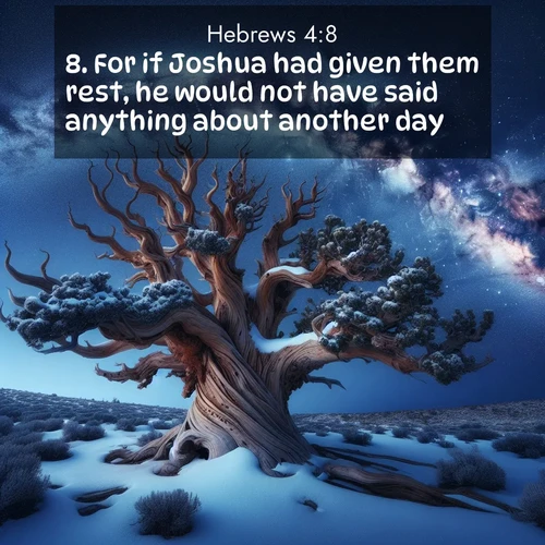 BasicEnglish Hebrews  ; image nature: image with the bible verse :For if Joshua had given them rest, he would not have said anything about another day. ; Explore serene Bible verse images adorned with photos of divine creation—tranquil beaches, snowy mountains, and starry skies. Each image is free to download and share. Verses include KJV Hebrews 4:8. Current verse is overlayed with the thematic nature scene : Ancient bristlecone pine twists against a navy twilight sky, its gnarled branches laden with fresh snow. The Milky Way arcs overhead in crystalline clarity. ; 4:8