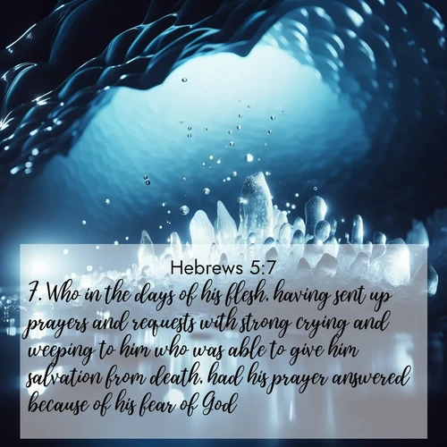 BBE Hebrews 5:7 overlaying nature image scene: Ice caves glow with ethereal blue light. Water drops create crystalline music.;7. Who in the days of his flesh, having sent up prayers and requests with strong crying and weeping to him who was able to give him salvation from death, had his prayer answered because of his fear of God.