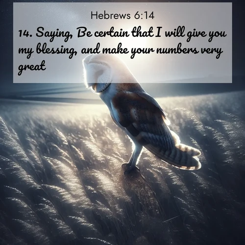 BasicEnglish Hebrews  ; image nature: image with the bible verse :Saying, Be certain that I will give you my blessing, and make your numbers very great. ; Admire stunning Bible verse images paired with photos of peaceful landscapes, such as foggy mornings, serene rivers, and blooming gardens. Download these free images and share verses like KJV Hebrews 6:14. Current verse is overlayed with the thematic nature scene : A barn owl quarters silent fields. Moonlight turns meadow grass to silver. ; 6:14