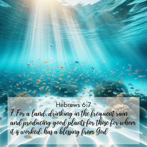 BasicEnglish Hebrews  ; image nature: image with the bible verse :For a land, drinking in the frequent rain and producing good plants for those for whom it is worked, has a blessing from God: ; Browse our collection of vibrant Bible verse images set against calming backdrops like tropical shores, quiet woods, and majestic mountains. Download free wallpapers featuring KJV Hebrews 6:7. Current verse is overlayed with the thematic nature scene : Reef fish swirl in perfect formation through crystal waters. Sunlight creates shifting patterns on white sand below. ; 6:7