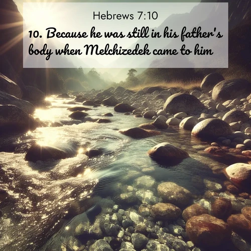 BasicEnglish Hebrews  ; image nature: image with the bible verse :Because he was still in his father&#039;s body when Melchizedek came to him. ; Explore our vast collection of images featuring beautifully illustrated Bible verses accompanied by nature photos. Discover inspiring and motivating verses paired with soothing landscapes, like shimmering lakes, majestic mountains, and lush forests. Our images highlight the peaceful beauty of God&#039;s creation with vibrant colors and varied fonts. Download and share verse images like KJV Hebrews 7:10. Current verse is overlayed with the thematic nature scene : Mountain streams sing ancient songs. Sunlight dances through clear pools. ; 7:10