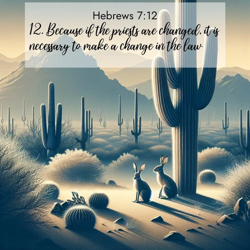 BasicEnglish Hebrews  ; image nature: image with the bible verse :Because if the priests are changed, it is necessary to make a change in the law. ; Discover a rich selection of Bible verse images illustrated by natural landscapes like tranquil beaches, golden fields, and majestic trees. These images aim to capture the peace and beauty of God&#039;s creation, with vibrant colors and varied typography. Download and share inspiring verses like KJV Hebrews 7:12. Current verse is overlayed with the thematic nature scene : Desert jackrabbits pause in saguaro shade. Heat waves distort distant peaks. ; 7:12