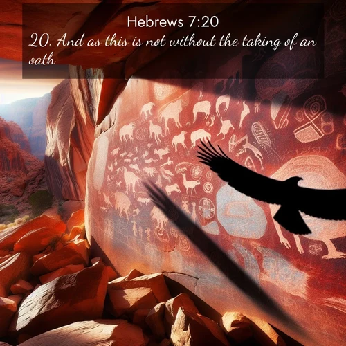 BasicEnglish Hebrews  ; image nature: image with the bible verse :And as this is not without the taking of an oath ; Browse Bible images illustrated by desert landscapes, with endless skies, golden dunes, and isolated palm trees. These images evoke the calm and grandeur of God&#039;s creation. Download inspiring verses like KJV Hebrews 7:20. Current verse is overlayed with the thematic nature scene : Ancient petroglyphs weather on red canyon walls. A circling hawk&#039;s shadow passes over the timeless art. ; 7:20