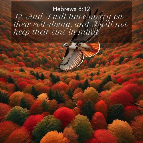 BasicEnglish Hebrews  ; image nature: image with the bible verse :And I will have mercy on their evil-doing, and I will not keep their sins in mind. ; Admire Bible images representing autumn, with swirling leaves, misty skies, and vibrant trees. These images inspire profound spiritual reflection. Download and share verses like KJV Hebrews 8:12. Current verse is overlayed with the thematic nature scene : A red-tailed hawk circles above autumn woods. Leaves below form a mosaic of fire. ; 8:12