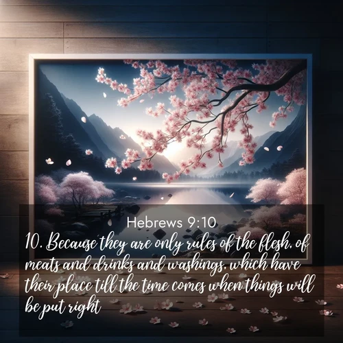 BasicEnglish Hebrews  ; image nature: image with the bible verse :Because they are only rules of the flesh, of meats and drinks and washings, which have their place till the time comes when things will be put right. ; Explore winter-themed Bible verse images illustrated by snowy mountains, frost-covered branches, and clear skies. These landscapes reflect divine purity and peace. Download verses like KJV Hebrews 9:10. Current verse is overlayed with the thematic nature scene : Cherry blossoms swirl in a spring breeze. Their petals dust the surface of a still mountain pond. ; 9:10