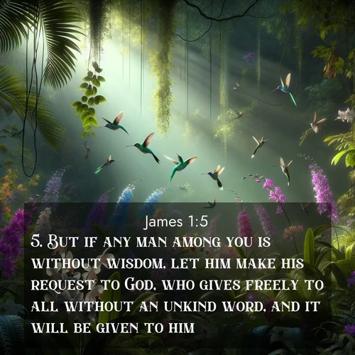 BasicEnglish James  ; image nature: image with the bible verse :But if any man among you is without wisdom, let him make his request to God, who gives freely to all without an unkind word, and it will be given to him. ; Explore Bible verses paired with beach photos, where waves gently crash on the sand and the sky glows with pastel hues at sunset. These scenes convey deep serenity. Download verses like KJV James 1:5. Current verse is overlayed with the thematic nature scene : Wild orchids bloom in a rainforest canopy. Hummingbirds dart between the delicate flowers. ; 1:5