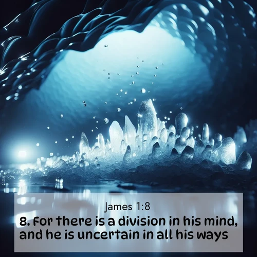 BBE James 1:8 overlaying nature image scene: Ice caves glow with ethereal blue light. Water drops create crystalline music.;8. For there is a division in his mind, and he is uncertain in all his ways.
