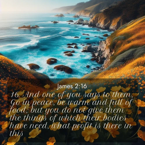 BasicEnglish James  ; image nature: image with the bible verse :And one of you says to them, Go in peace, be warm and full of food; but you do not give them the things of which their bodies have need, what profit is there in this? ; Explore a spring collection of Bible images, with landscapes of green hills, wildflowers, and crystal-clear streams. These images symbolize the blossoming of God&#039;s creation. Download verses like KJV James 2:16. Current verse is overlayed with the thematic nature scene : Wild mustard flowers carpet coastal cliffs. Pacific waves provide endless percussion below. ; 2:16