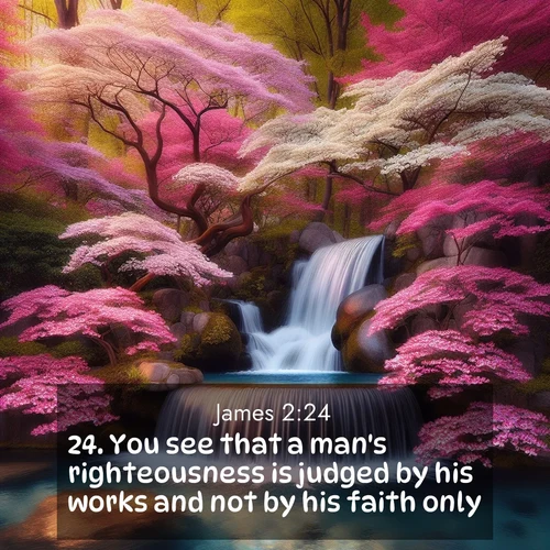 BasicEnglish James  ; image nature: image with the bible verse :You see that a man&#039;s righteousness is judged by his works and not by his faith only. ; Discover a unique collection of Bible verses adorned with winter landscapes, such as snow-covered forests, gently falling snowflakes, and pristine mountains. These images evoke the peace and purity of God&#039;s creation. Share verses like KJV James 2:24. Current verse is overlayed with the thematic nature scene : A spring cascade plunges into a pool surrounded by flowering dogwood. ; 2:24