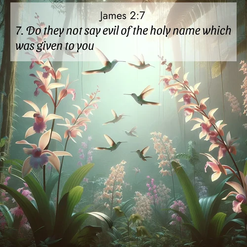 BasicEnglish James  ; image nature: image with the bible verse :Do they not say evil of the holy name which was given to you? ; Admire our free collection of Bible verse images with beautiful landscapes like sunlit forests, rippling waters, and radiant dawns. Each verse, such as KJV James 2:7, is ready to download and share. Current verse is overlayed with the thematic nature scene : Wild orchids bloom in rainforest canopy. Hummingbirds dance between delicate petals. ; 2:7