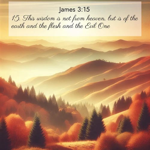 BBE James 3:15 overlaying nature image scene: Autumn colors paint hillsides in warm earth tones.;15. This wisdom is not from heaven, but is of the earth and the flesh and the Evil One.