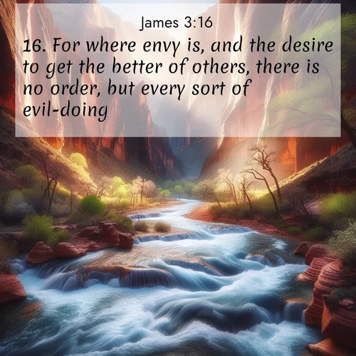 BBE James 3:16 overlaying nature image scene: Spring floods transform a desert canyon into a rushing river.;16. For where envy is, and the desire to get the better of others, there is no order, but every sort of evil-doing.