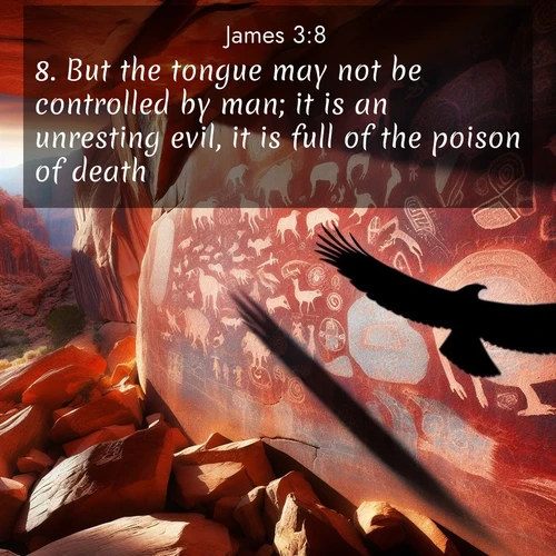 BBE James 3:8 overlaying nature image scene: Ancient petroglyphs weather on red canyon walls. A circling hawk's shadow passes over the timeless art.;8. But the tongue may not be controlled by man; it is an unresting evil, it is full of the poison of death.
