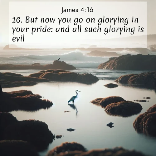 BasicEnglish James  ; image nature: image with the bible verse :But now you go on glorying in your pride: and all such glorying is evil. ; Discover Bible images adorned with spring landscapes, like tulip fields, cherry blossoms, and green hills. These bright scenes symbolize God&#039;s renewal and grace. Download verses like KJV James 4:16. Current verse is overlayed with the thematic nature scene : A great blue heron fishes in tidal pools. Waves crash on distant reefs. ; 4:16
