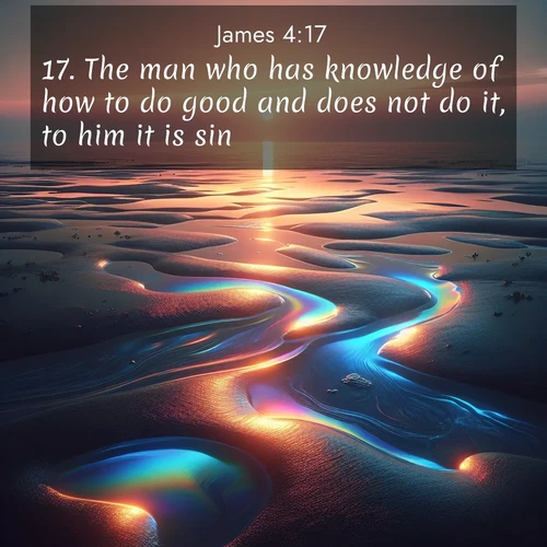 BasicEnglish James  ; image nature: image with the bible verse :The man who has knowledge of how to do good and does not do it, to him it is sin. ; Admire Bible images representing autumn, with swirling leaves, misty skies, and vibrant trees. These images inspire profound spiritual reflection. Download and share verses like KJV James 4:17. Current verse is overlayed with the thematic nature scene : Tidal pools reflect sunset colors at low tide. ; 4:17