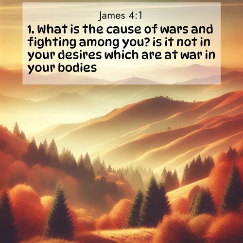 BasicEnglish James  ; image nature: image with the bible verse :What is the cause of wars and fighting among you? is it not in your desires which are at war in your bodies? ; Download Bible verse images featuring vibrant photos of nature, from snowy landscapes to golden deserts. These free images are perfect for phone wallpapers, desktop backgrounds, or sharing. Verses include KJV James 4:1. Current verse is overlayed with the thematic nature scene : Autumn colors paint hillsides in warm earth tones. ; 4:1