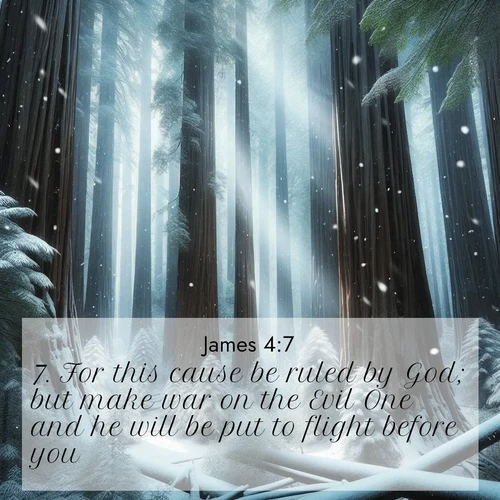 BasicEnglish James  ; image nature: image with the bible verse :For this cause be ruled by God; but make war on the Evil One and he will be put to flight before you. ; Browse beautiful Bible verse images accompanied by peaceful scenes like calm seas, ancient forests, and radiant horizons. Download high-quality, free images featuring verses such as KJV James 4:7. Current verse is overlayed with the thematic nature scene : Snow falls silently on ancient redwoods. Shafts of light pierce through to illuminate the forest floor. ; 4:7