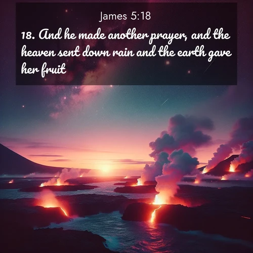 BBE James 5:18 overlaying nature image scene: Lava flows meet the ocean at twilight, sending plumes of steam skyward. Stars emerge one by one above the cosmic display.;18. And he made another prayer, and the heaven sent down rain and the earth gave her fruit.