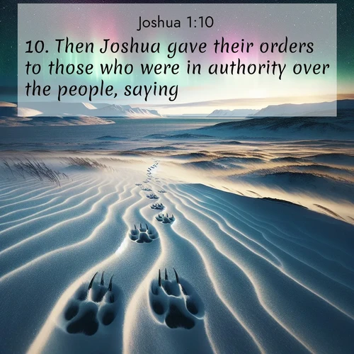 BasicEnglish Joshua  ; image nature: image with the bible verse :Then Joshua gave their orders to those who were in authority over the people, saying, ; Explore Bible verse images highlighting the beauty of spring, with vibrant flowers, butterflies, and blossoming fruit trees. These scenes evoke divine hope and renewal. Download inspiring verses like KJV Joshua 1:10. Current verse is overlayed with the thematic nature scene : Arctic fox tracks cross windswept tundra. Northern lights pulse overhead in cosmic rhythm. ; 1:10