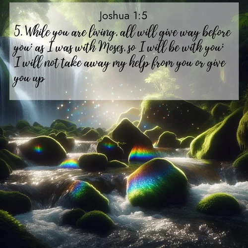 BBE Joshua 1:5 overlaying nature image scene: Rainbow prisms dance in a waterfall's spray. Moss glows emerald in filtered light.;5. While you are living, all will give way before you: as I was with Moses, so I will be with you; I will not take away my help from you or give you up.