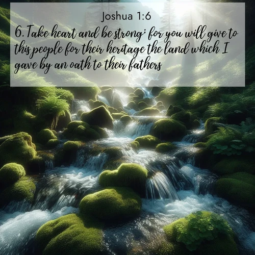 BBE Joshua 1:6 overlaying nature image scene: Mountain streams tumble through moss. Sunlight creates crystal prisms.;6. Take heart and be strong; for you will give to this people for their heritage the land which I gave by an oath to their fathers.