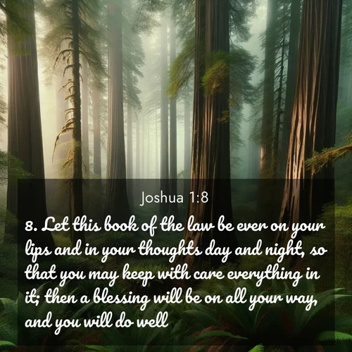 BBE Joshua 1:8 overlaying nature image scene: Coastal redwoods disappear into the fog high above a fern grove.;8. Let this book of the law be ever on your lips and in your thoughts day and night, so that you may keep with care everything in it; then a blessing will be on all your way, and you will do well.