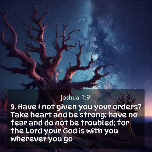 BasicEnglish Joshua  ; image nature: image with the bible verse :Have I not given you your orders? Take heart and be strong; have no fear and do not be troubled; for the Lord your God is with you wherever you go, ; Explore our vast collection of images featuring beautifully illustrated Bible verses accompanied by nature photos. Discover inspiring and motivating verses paired with soothing landscapes, like shimmering lakes, majestic mountains, and lush forests. Our images highlight the peaceful beauty of God&#039;s creation with vibrant colors and varied fonts. Download and share verse images like KJV Joshua 1:9. Current verse is overlayed with the thematic nature scene : Ancient bristlecone pines twist toward stars. Time stands still in their presence. ; 1:9