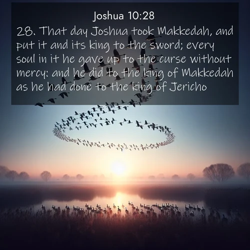 BBE Joshua 10:28 overlaying nature image scene: Wild geese arrow through dawn sky. Their calls wake sleeping marshes.;28. That day Joshua took Makkedah, and put it and its king to the sword; every soul in it he gave up to the curse without mercy: and he did to the king of Makkedah as he had done to the king of Jericho.
