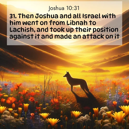 BBE Joshua 10:31 overlaying nature image scene: Spring wildflowers carpet Death Valley in gold. A coyote's silhouette melts into the blooms.;31. Then Joshua and all Israel with him went on from Libnah to Lachish, and took up their position against it and made an attack on it,