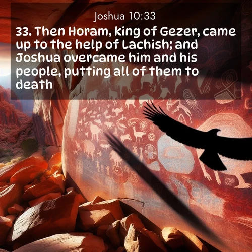 BBE Joshua 10:33 overlaying nature image scene: Ancient petroglyphs weather on red canyon walls. A circling hawk's shadow passes over the timeless art.;33. Then Horam, king of Gezer, came up to the help of Lachish; and Joshua overcame him and his people, putting all of them to death.