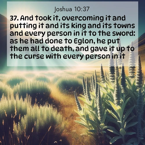 BasicEnglish Joshua  ; image nature: image with the bible verse :And took it, overcoming it and putting it and its king and its towns and every person in it to the sword: as he had done to Eglon, he put them all to death, and gave it up to the curse with every person in it. ; Download inspiring Bible verse images featuring stunning natural vistas, from tropical islands to rolling hills. These free images make perfect wallpapers or gifts. Share verses like KJV Joshua 10:37. Current verse is overlayed with the thematic nature scene : Summer heat brings out the scent of sage in mountain meadows. ; 10:37