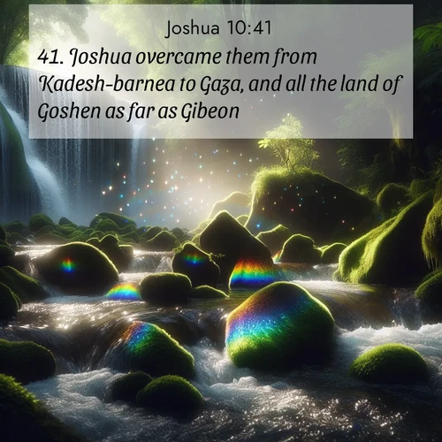 BBE Joshua 10:41 overlaying nature image scene: Rainbow prisms dance in a waterfall's spray. Moss glows emerald in filtered light.;41. Joshua overcame them from Kadesh-barnea to Gaza, and all the land of Goshen as far as Gibeon.