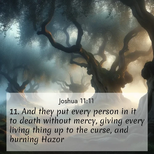 BBE Joshua 11:11 overlaying nature image scene: Mist rolls through an ancient olive grove at dawn. Each gnarled trunk tells stories of centuries past.;11. And they put every person in it to death without mercy, giving every living thing up to the curse, and burning Hazor.