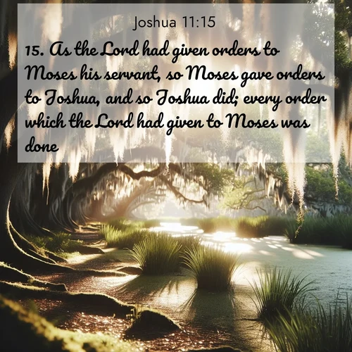 BBE Joshua 11:15 overlaying nature image scene: Summer afternoon light filters through Spanish moss in a bayou.;15. As the Lord had given orders to Moses his servant, so Moses gave orders to Joshua, and so Joshua did; every order which the Lord had given to Moses was done.
