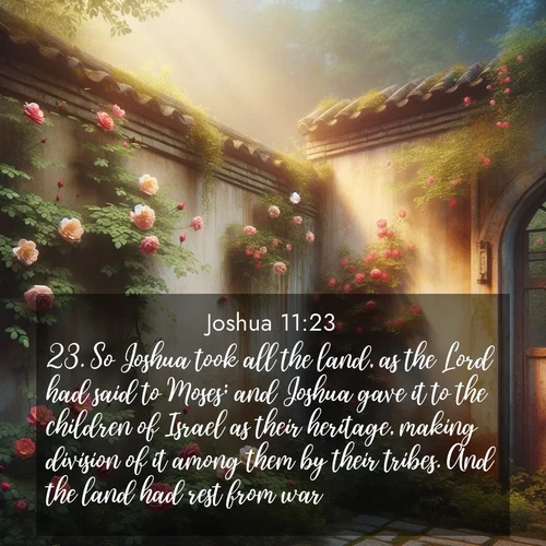 BBE Joshua 11:23 overlaying nature image scene: Wild roses climb abandoned walls. Time stands still in secret gardens.;23. So Joshua took all the land, as the Lord had said to Moses; and Joshua gave it to the children of Israel as their heritage, making division of it among them by their tribes. And the land had rest from war.