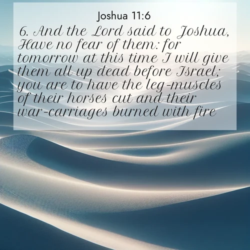 BBE Joshua 11:6 overlaying nature image scene: Sand dunes ripple to the horizon like frozen waves. Wind erases all traces of life from their surfaces.;6. And the Lord said to Joshua, Have no fear of them: for tomorrow at this time I will give them all up dead before Israel; you are to have the leg-muscles of their horses cut and their war-carriages burned with fire.
