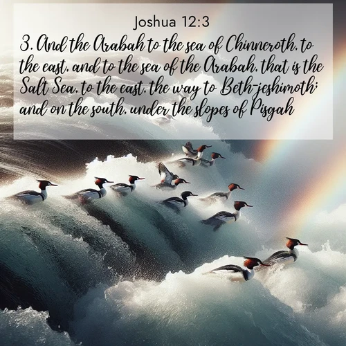 BBE Joshua 12:3 overlaying nature image scene: Wild mergansers ride white water rapids. Spray creates endless rainbows.;3. And the Arabah to the sea of Chinneroth, to the east, and to the sea of the Arabah, that is the Salt Sea, to the east, the way to Beth-jeshimoth; and on the south, under the slopes of Pisgah: