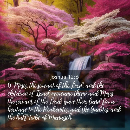BBE Joshua 12:6 overlaying nature image scene: A spring cascade plunges into a pool surrounded by flowering dogwood.;6. Moses, the servant of the Lord, and the children of Israel overcame them; and Moses, the servant of the Lord, gave their land for a heritage to the Reubenites, and the Gadites, and the half-tribe of Manasseh.
