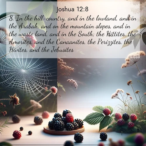 BBE Joshua 12:8 overlaying nature image scene: Wild blackberries ripen in secret hollows. Morning spider webs catch dew like diamonds.;8. In the hill-country, and in the lowland, and in the Arabah, and on the mountain slopes, and in the waste land, and in the South; the Hittites, the Amorites, and the Canaanites, the Perizzites, the Hivites, and the Jebusites.

