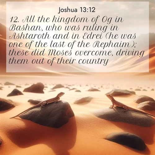 BBE Joshua 13:12 overlaying nature image scene: Desert lizards bask on sun-hot rocks. Heat mirages dance like water.;12. All the kingdom of Og in Bashan, who was ruling in Ashtaroth and in Edrei (he was one of the last of the Rephaim); these did Moses overcome, driving them out of their country.