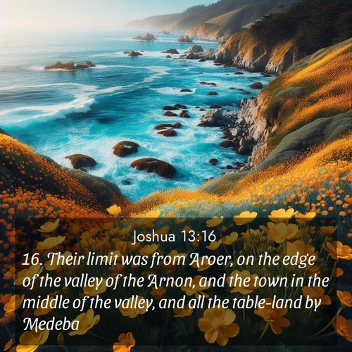 BBE Joshua 13:16 overlaying nature image scene: Wild mustard flowers carpet coastal cliffs. Pacific waves provide endless percussion below.;16. Their limit was from Aroer, on the edge of the valley of the Arnon, and the town in the middle of the valley, and all the table-land by Medeba;