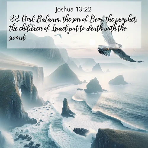 BBE Joshua 13:22 overlaying nature image scene: A peregrine falcon rides thermal currents above coastal cliffs. Waves crash endlessly against the rocks below.;22. And Balaam, the son of Beor, the prophet, the children of Israel put to death with the sword.