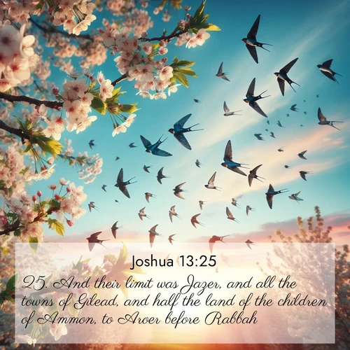 BBE Joshua 13:25 overlaying nature image scene: Spring migration fills the sky with countless swallows.;25. And their limit was Jazer, and all the towns of Gilead, and half the land of the children of Ammon, to Aroer before Rabbah;