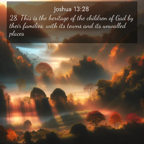 BBE Joshua 13:28 overlaying nature image scene: Autumn mist rises from warming morning valleys.;28. This is the heritage of the children of Gad by their families, with its towns and its unwalled places