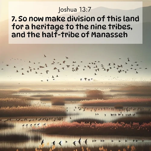 BBE Joshua 13:7 overlaying nature image scene: Spring migration fills marshlands with calling birds.;7. So now make division of this land for a heritage to the nine tribes, and the half-tribe of Manasseh.