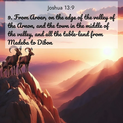 BBE Joshua 13:9 overlaying nature image scene: Desert bighorns pause on a knife-edge ridge. Sunset paints their horns in gold.;9. From Aroer, on the edge of the valley of the Arnon, and the town in the middle of the valley, and all the table-land from Medeba to Dibon;
