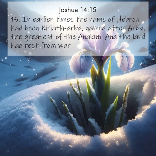 BasicEnglish Joshua  ; image nature: image with the bible verse :In earlier times the name of Hebron had been Kiriath-arba, named after Arba, the greatest of the Anakim. And the land had rest from war. ; Access a vast collection of Bible verse images illustrated with natural landscapes like calm rivers, blooming fields, and bright horizons. These images emphasize the serenity and splendor of God&#039;s creation, accompanied by aesthetic fonts and joyful colors. Download verses like KJV Joshua 14:15 and share them. Current verse is overlayed with the thematic nature scene : Wild iris breaks through spring snow. Alpine light ignites petals. ; 14:15